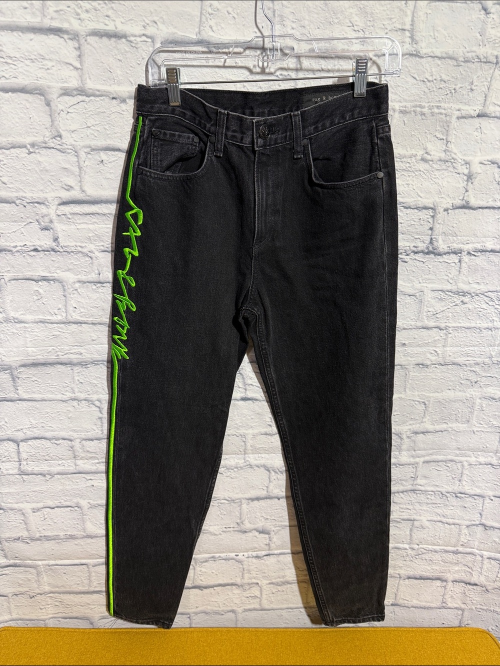 Rag & Bone High Rise Stone Kuro Ash Black  Neon Embroidered‎ Jeans, Size 26